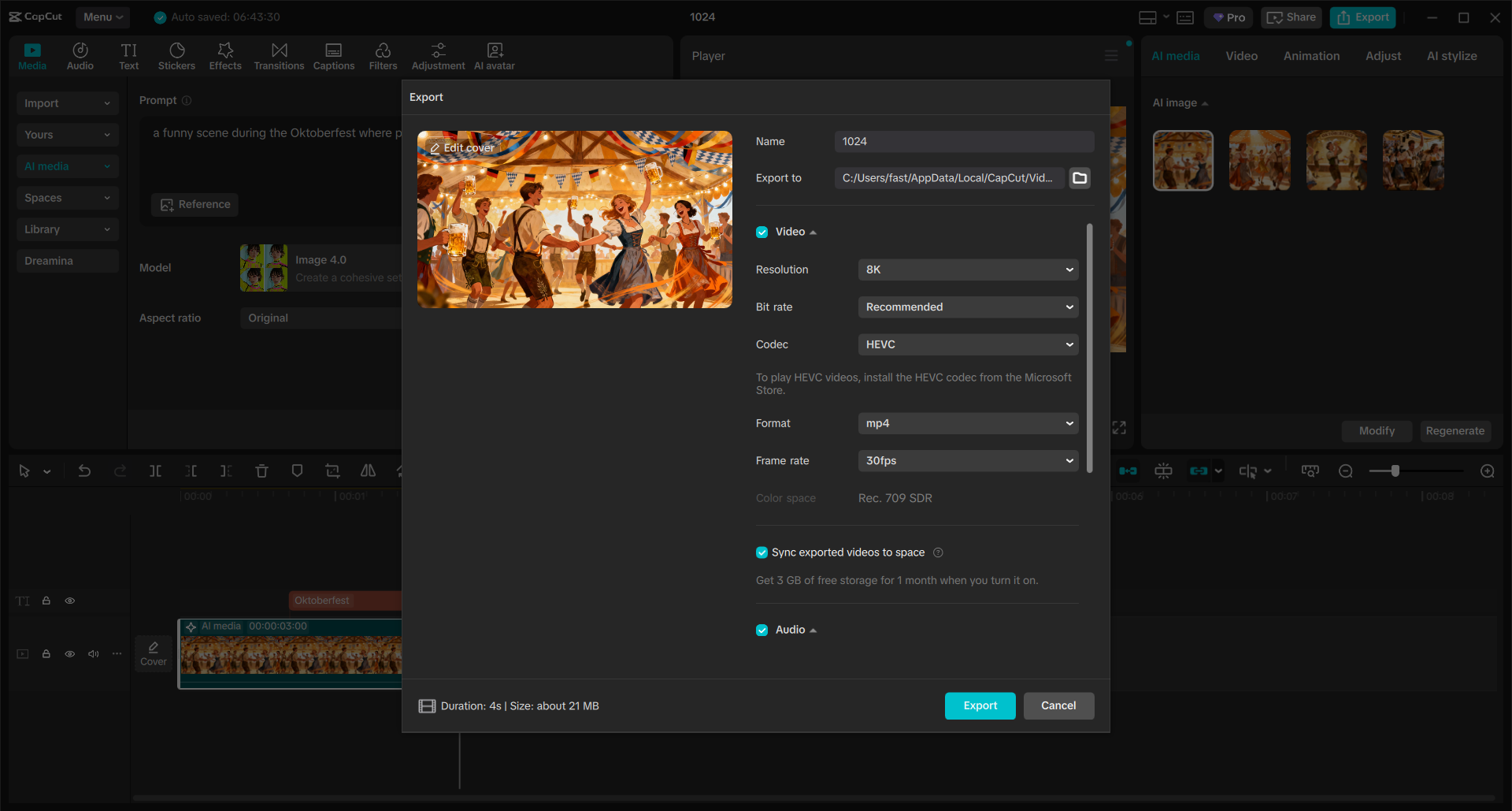 CapCut export screen showing the settings for saving the project as a video