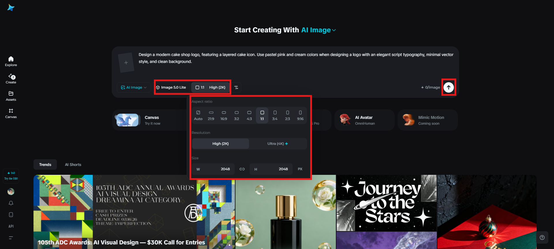 Select the image model and generate an image