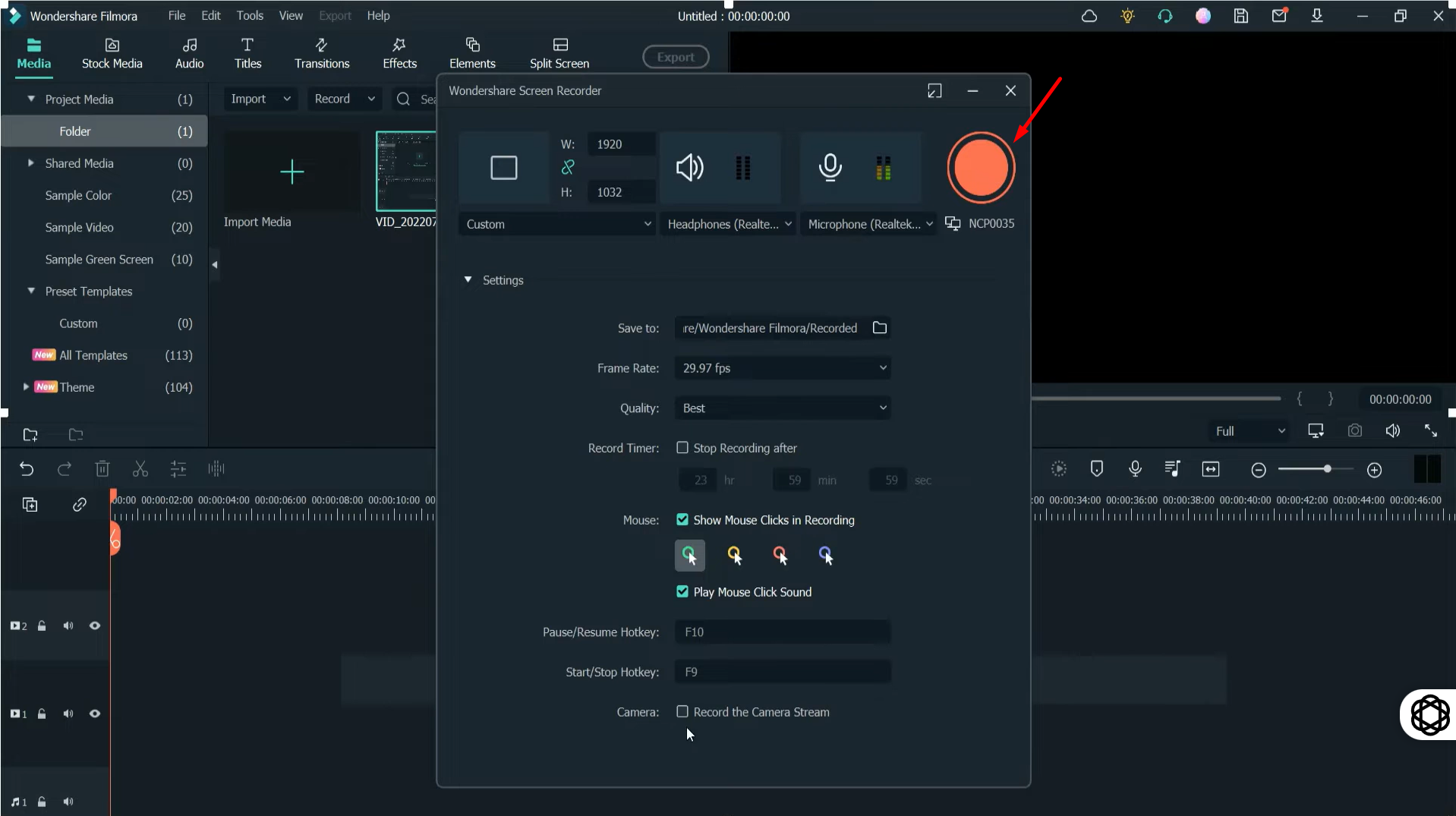 Recording the screen using Filmore Screen on PC