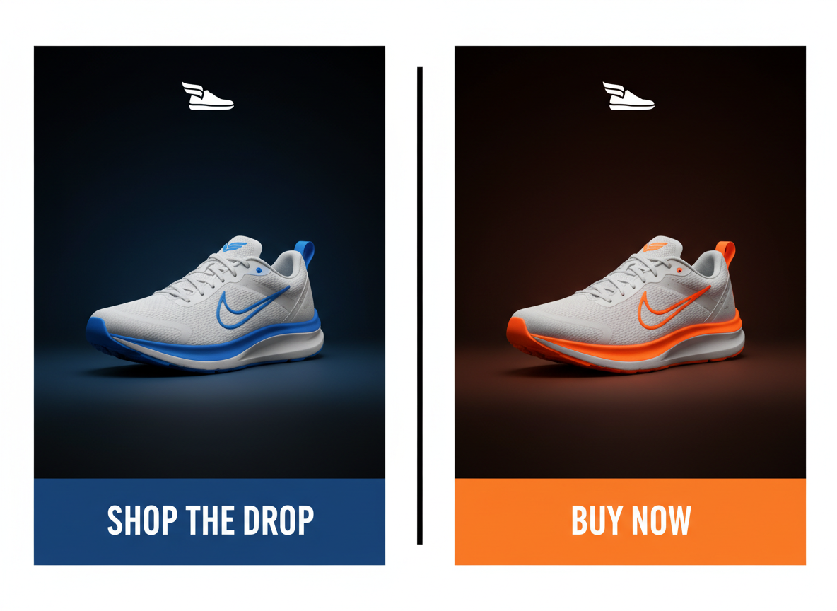 Varianti A/B di poster di sneakers: accenti blu elettrico vs arancione neon, posizionamento pulito del logo, testo CTA audace.