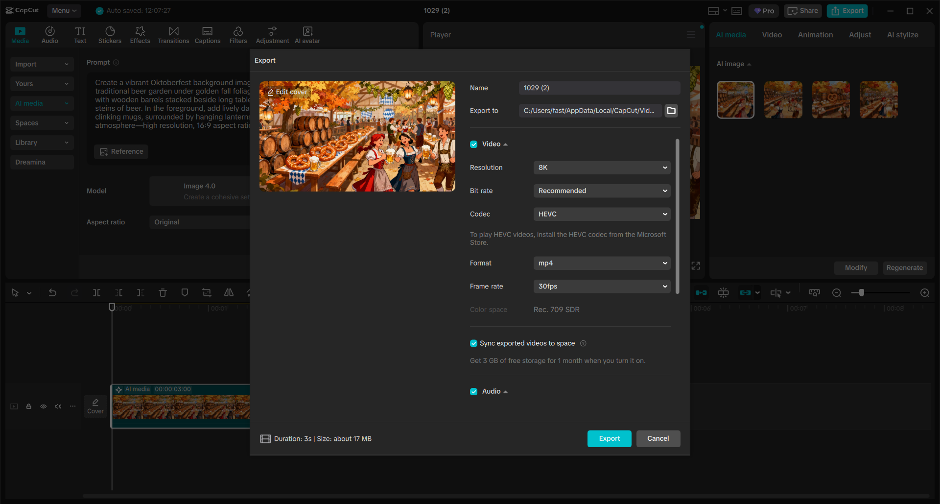 CapCut export screen showing the settings for saving the project as a video