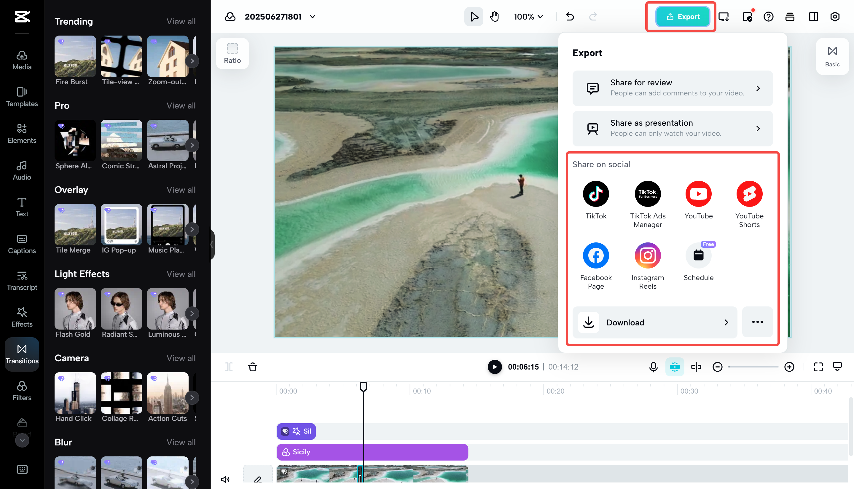 Exporting a video from CapCut Web