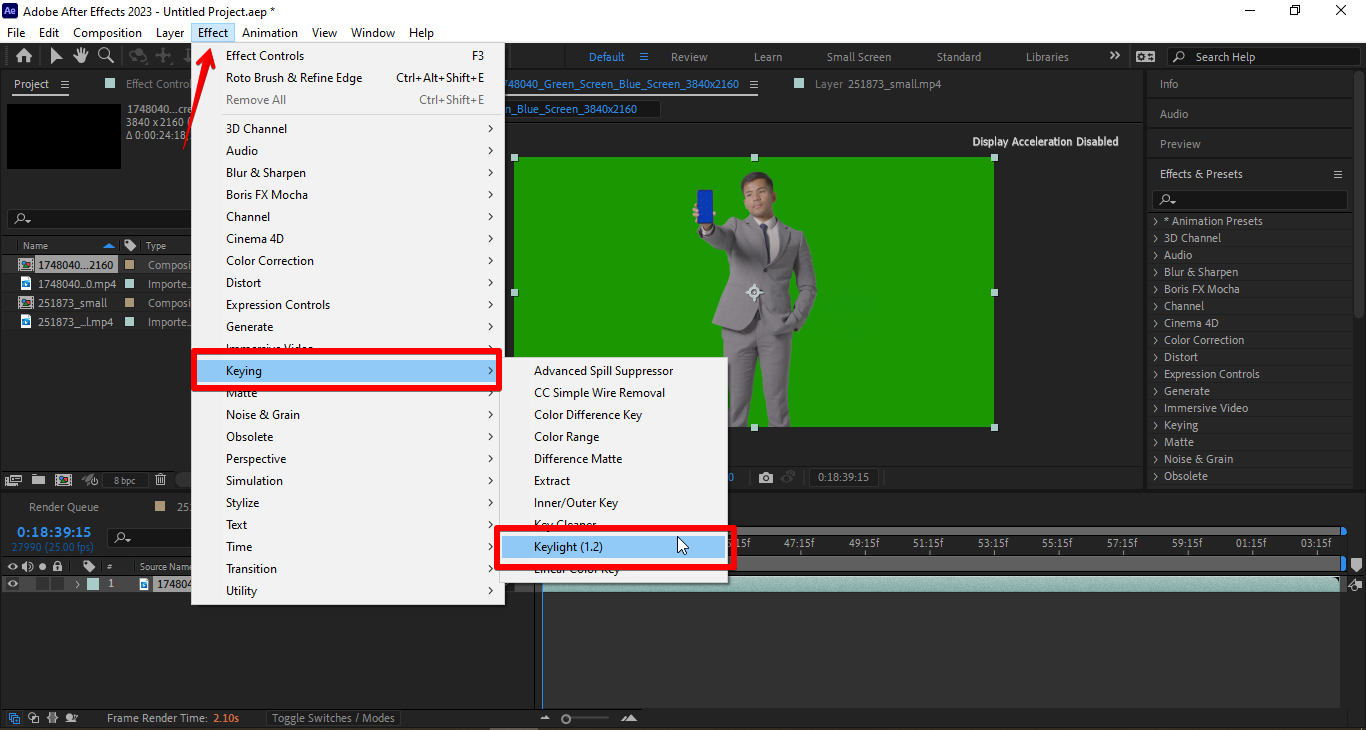Selecting the keylight 1.2 option in After Effect
