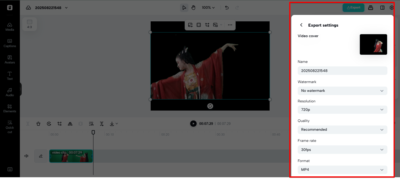 Exporting video from Pippit