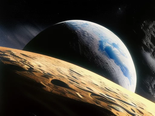 A landscape from the Moon with the Earth setting on the horizon