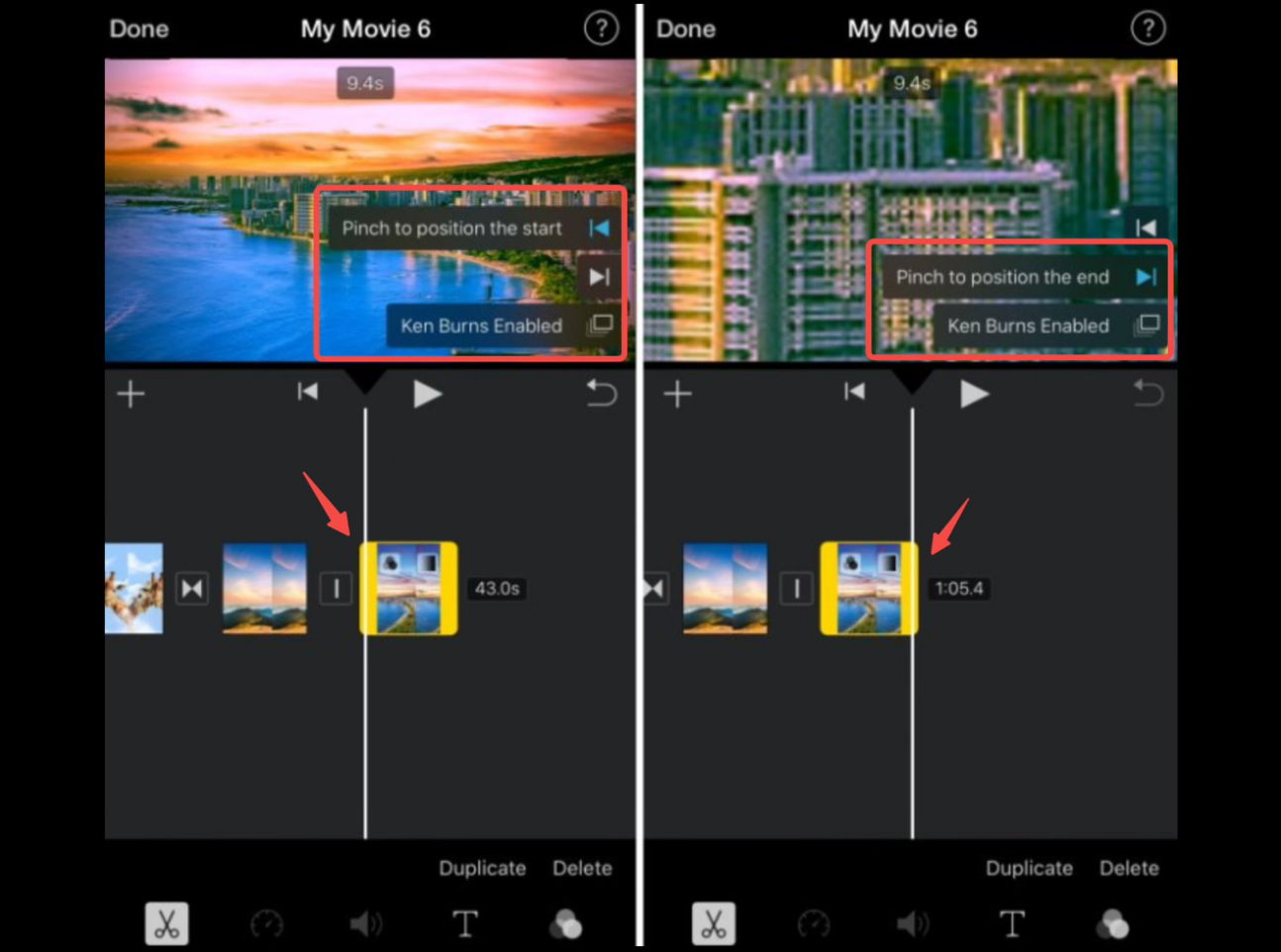 Showing how to add the iMovie Ken Burns effect to images on iPhone