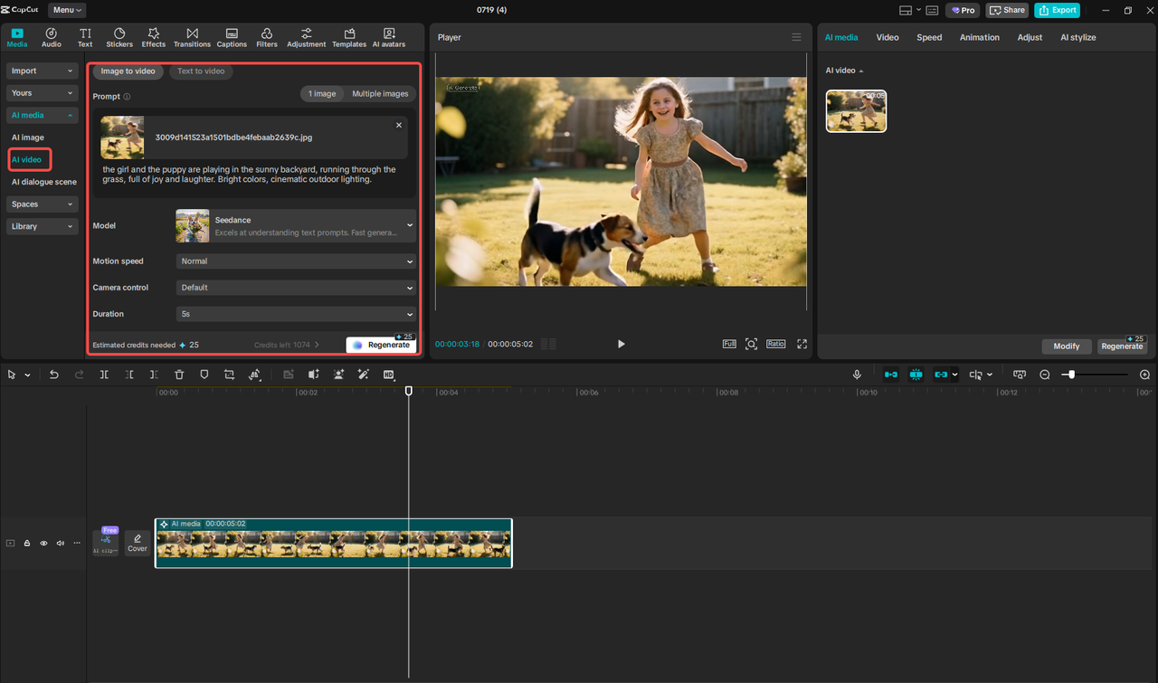 Accessing the image to video feature in CapCut