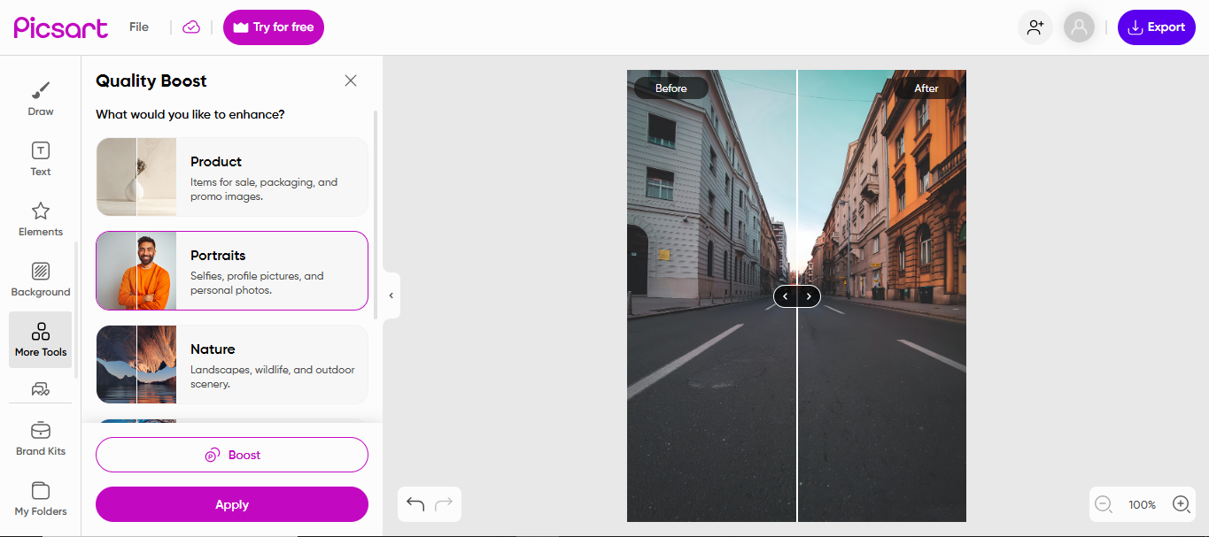 Schnittstelle von Picsart - ein einfach zu bedienender Fotoverstärker