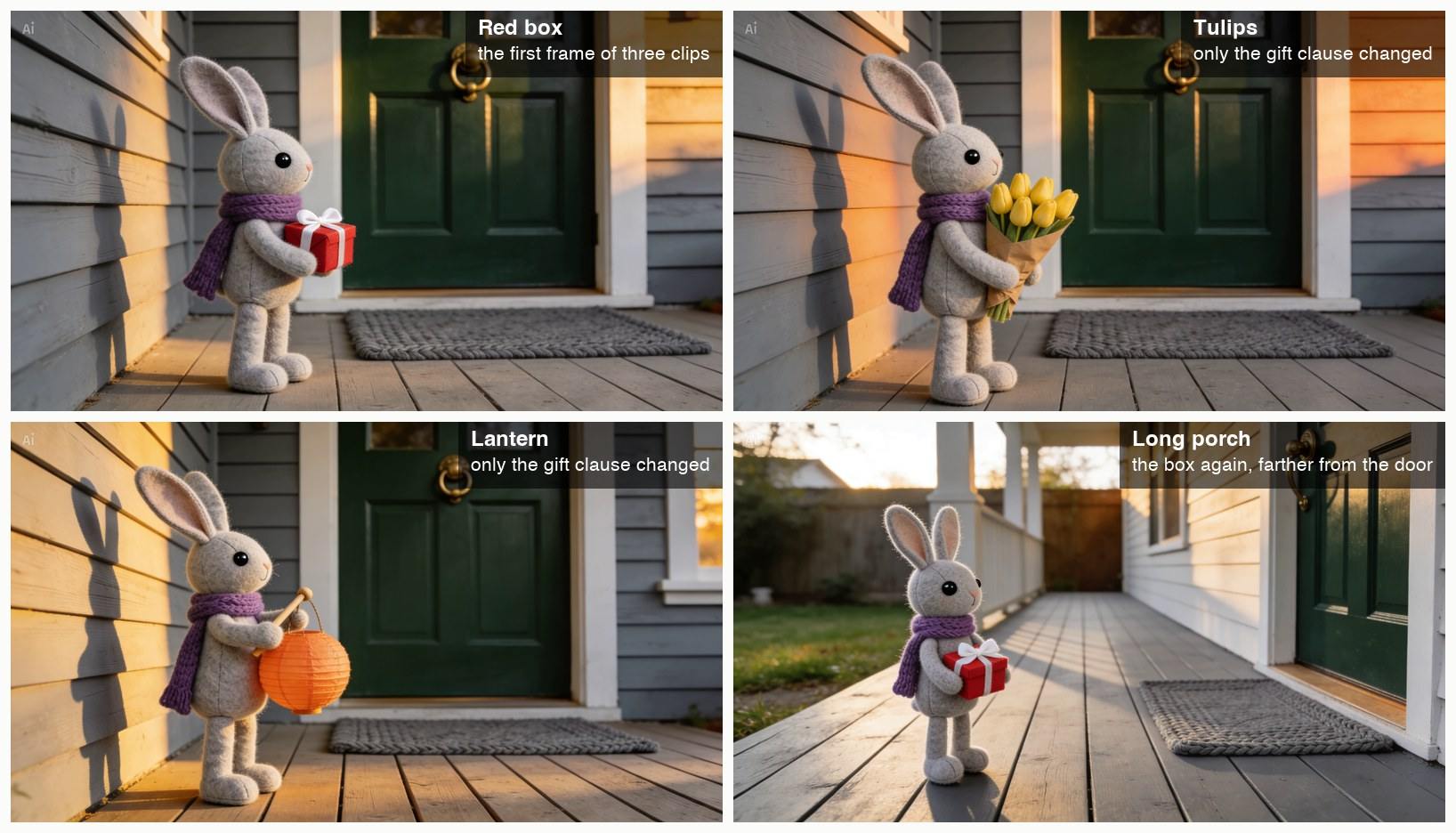 Four stills in a grid. In the first, a felt rabbit doll in a purple scarf holds a red gift box beside a dark green door. In the second, the same doll holds yellow tulips in brown paper. In the third, it holds an orange paper lantern on a wooden handle. In the fourth, it holds the red box on a longer porch, with the door and the doormat farther away.