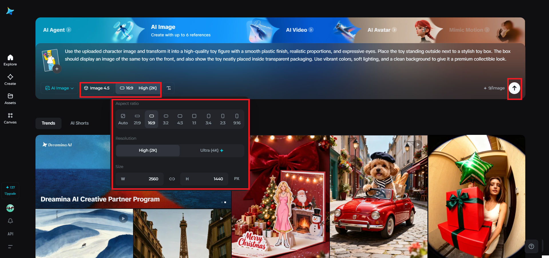 Select Seedream 4.5 and adjust settings