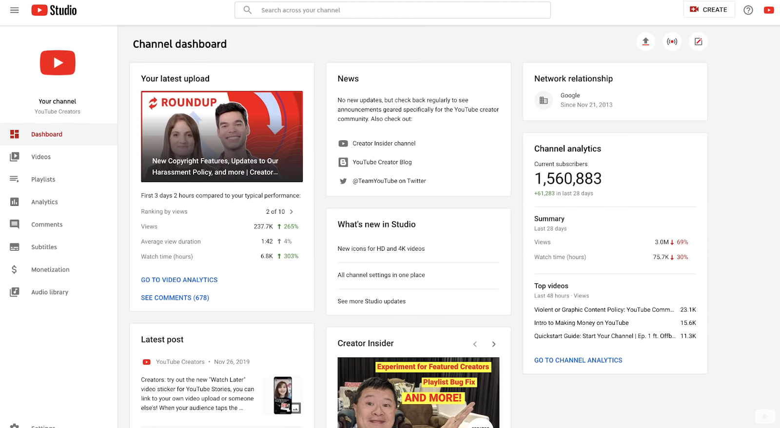 Панель каналов YouTube Studio