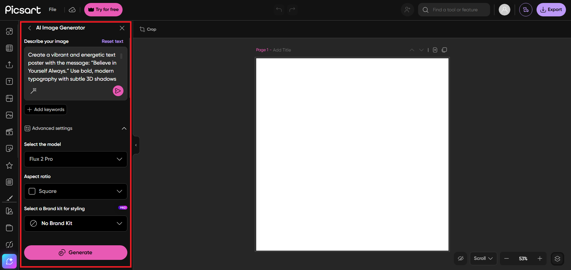 Enter your prompt and adjust settings