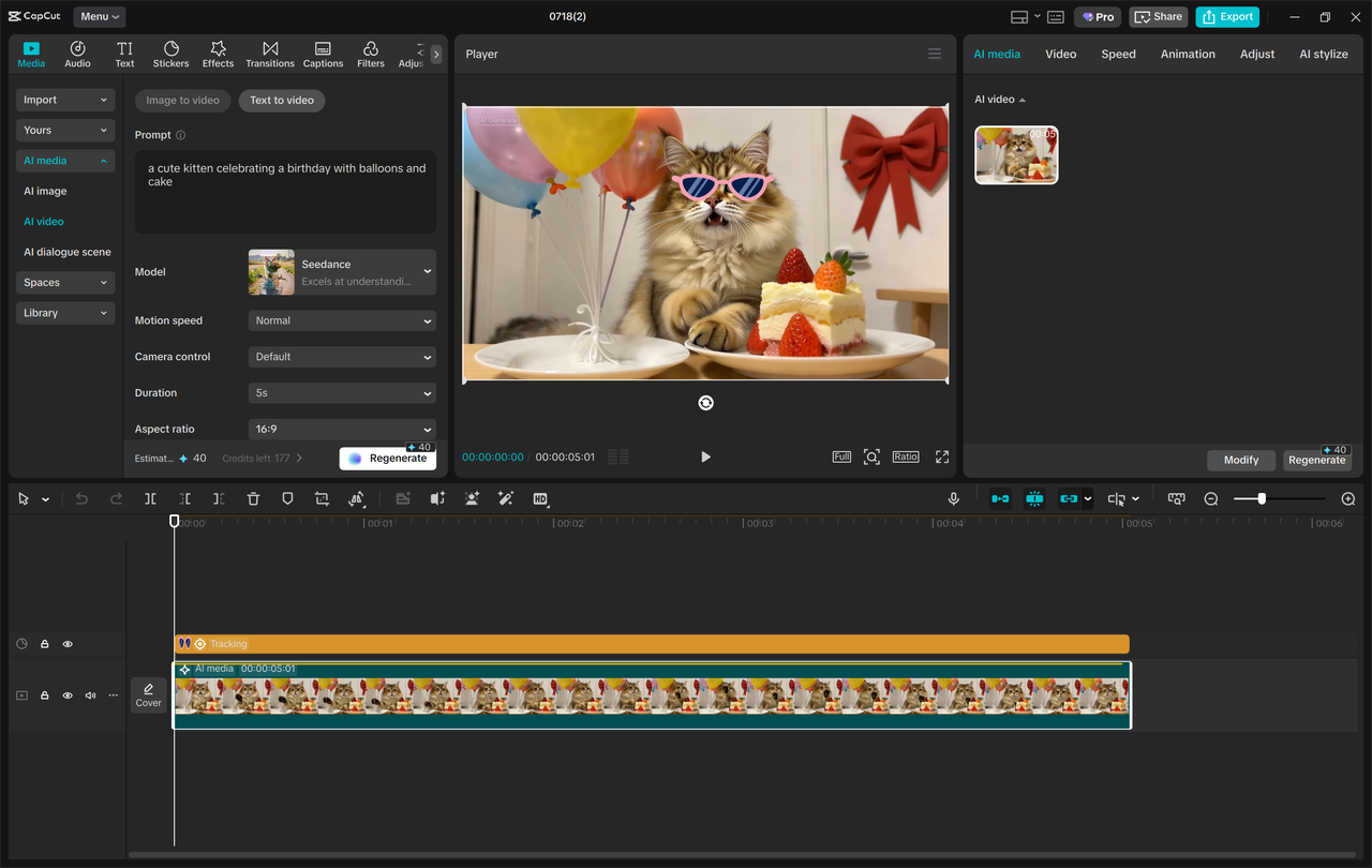 Metinden video oluşturmak için CapCut arayüzü