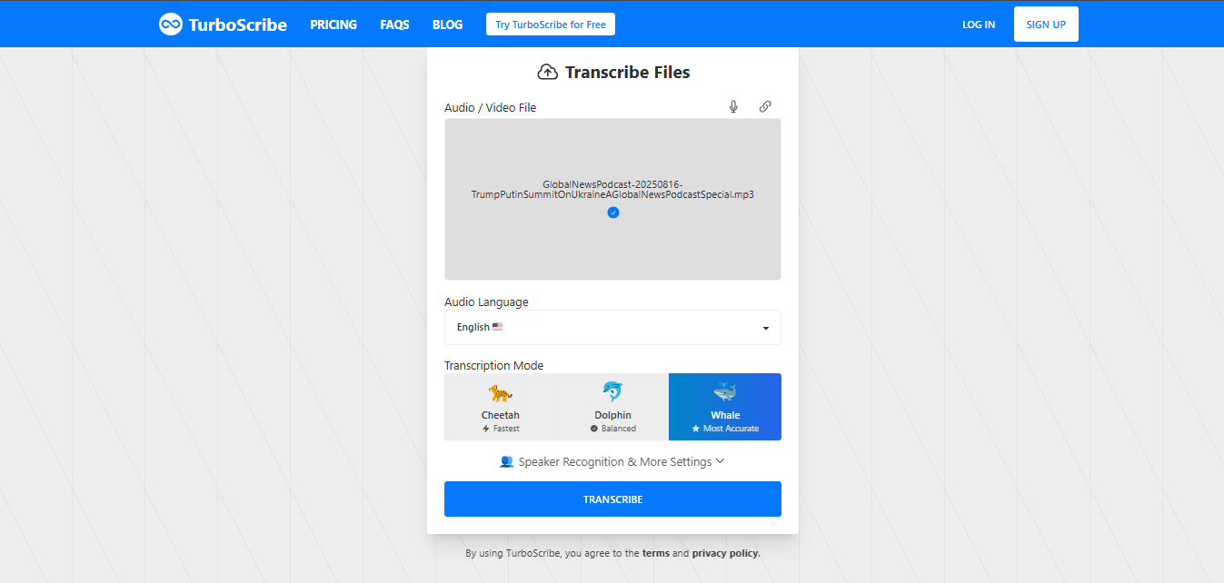 Інтерфейс Turboscribe AI, який демонструє транскрипцію