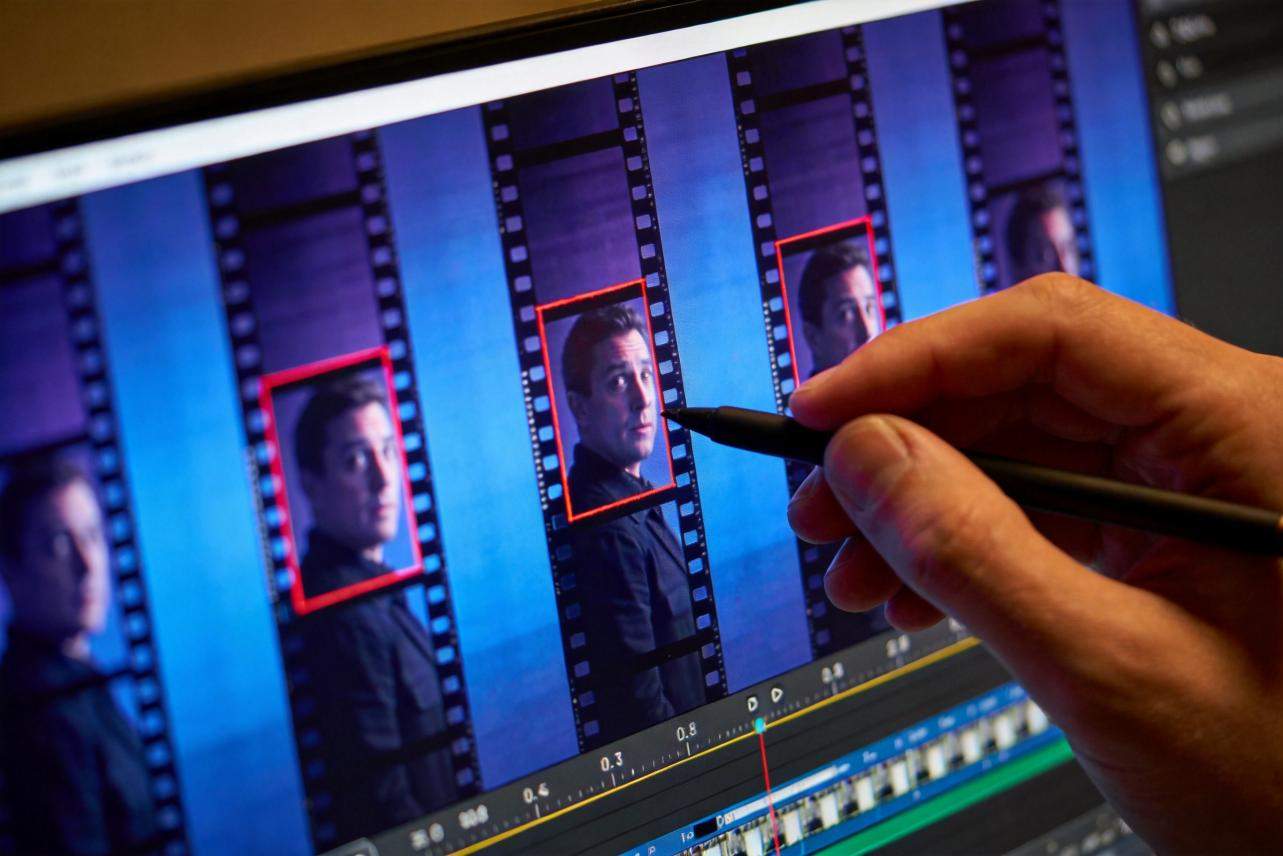 Hand using a stylus to edit a video timeline with repeated portrait frames on a monitor