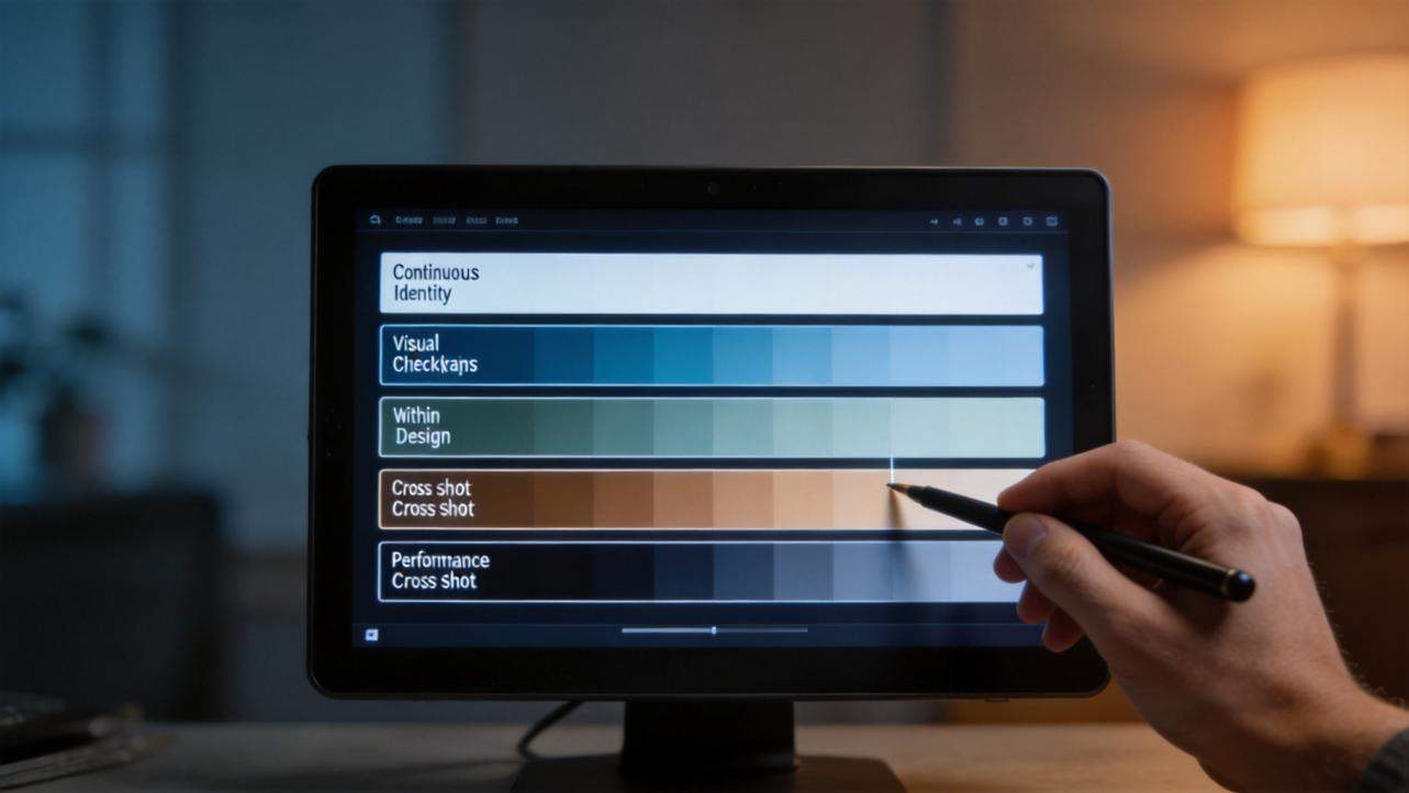 Hand points to a monitor showing continuity, visual checkpoints, and cross-shot design bars