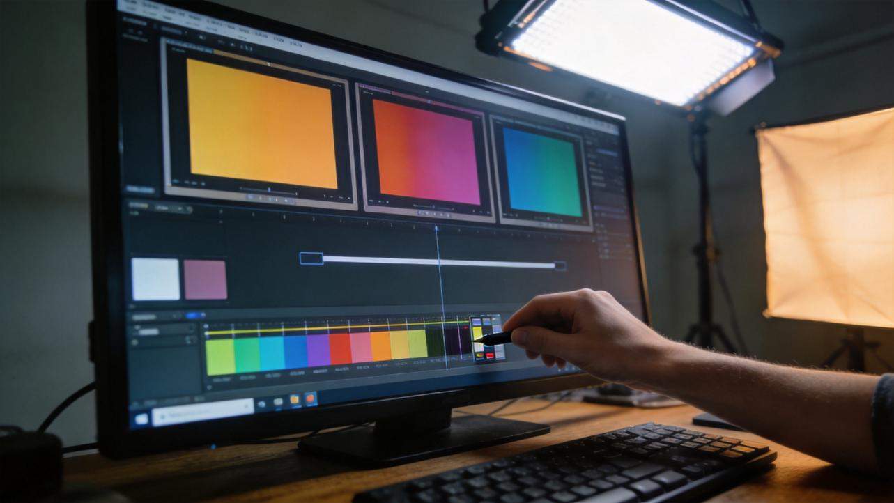 Hand using stylus on a monitor showing a color editing timeline and multiple color panels