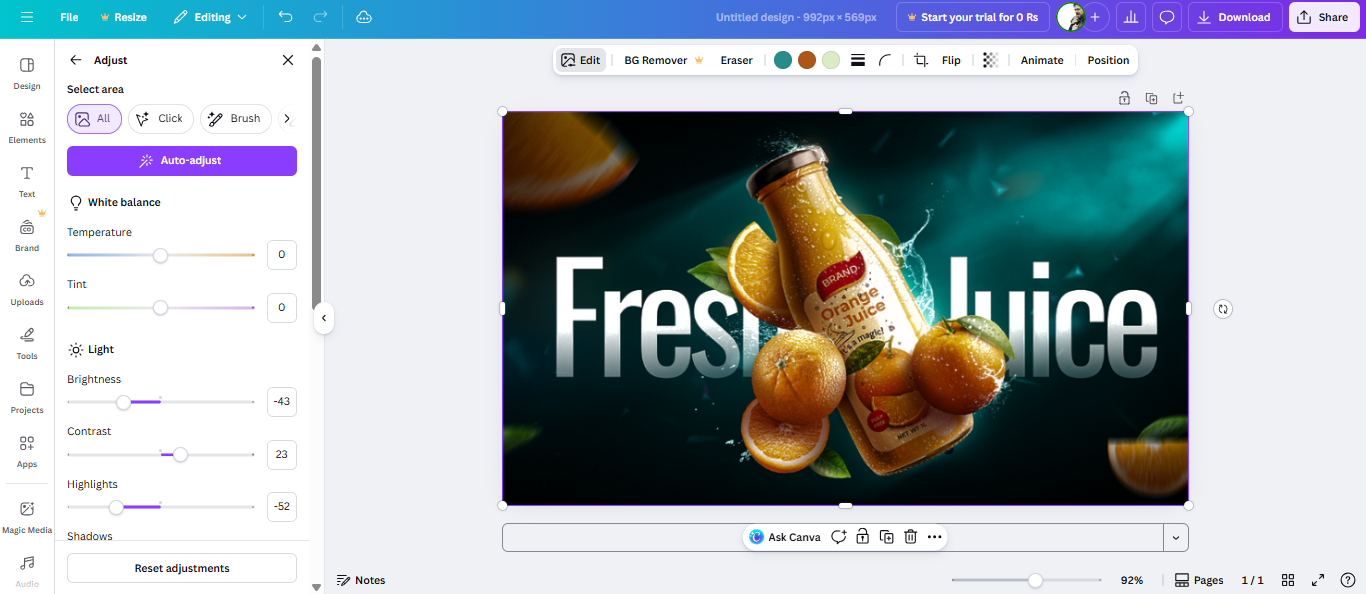Adjusting the brightness and contrast in Canva