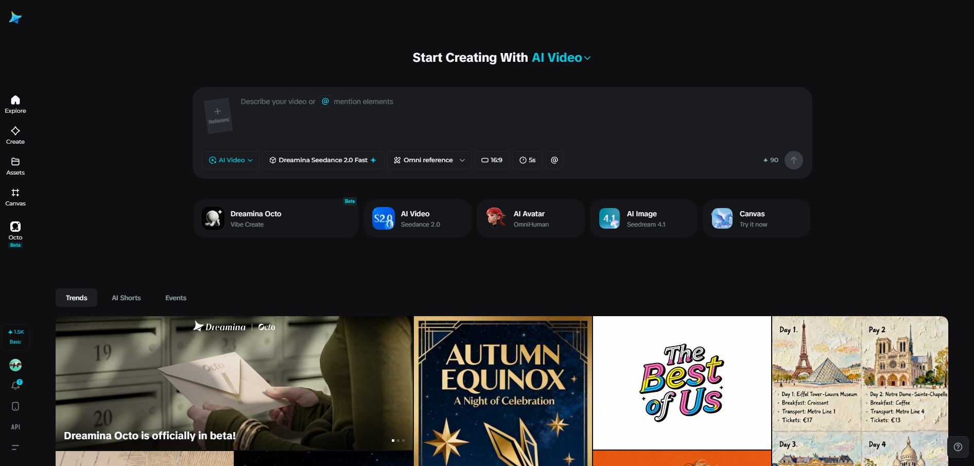 Dreamina video generator homepage