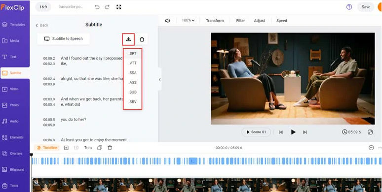 Interface of FlexClip - the best free online podcast to text converter