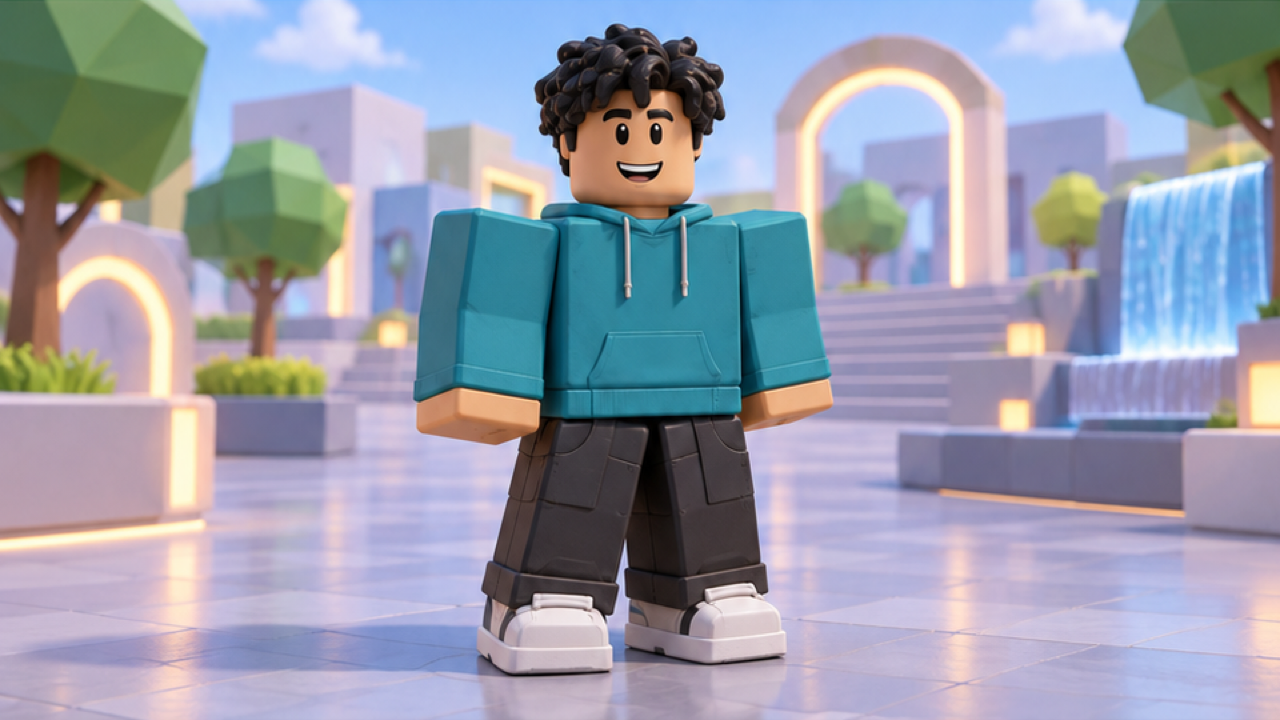 Premium 3D rendered 16:9 STILL keyframe featuring an original blocky game avatar with an adult-inspired smiling face, dark curly hair, a teal hoodie, charcoal trousers, and oversized geometric shoes, in an original pastel game plaza with simple trees and softly glowing geometric arches. Keep entire avatar with generous space around the cubic silhouette fully inside the composition. Detailed materials, coherent anatomy, balanced cinematic lighting, clean background separation. One coherent scene, no text, logos, watermark.