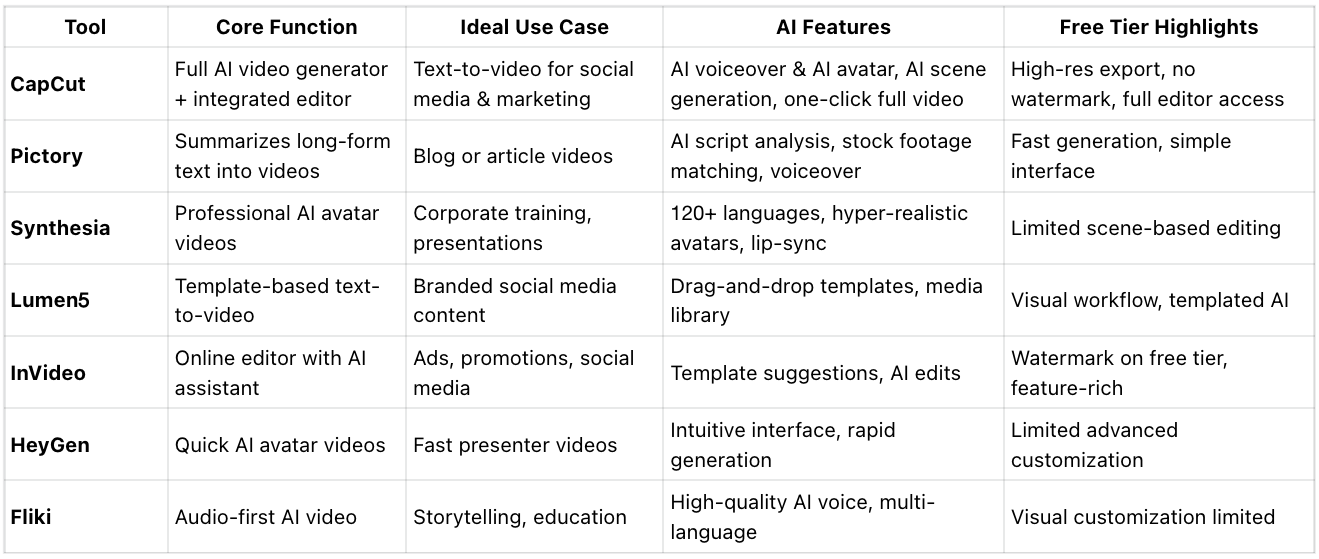 Quick Comparison of the Top AI Video Generators