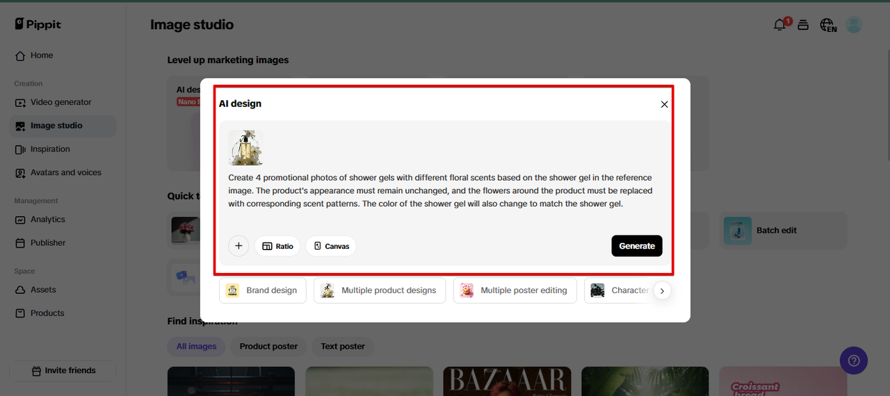 Criando imagens de produto no Pippit