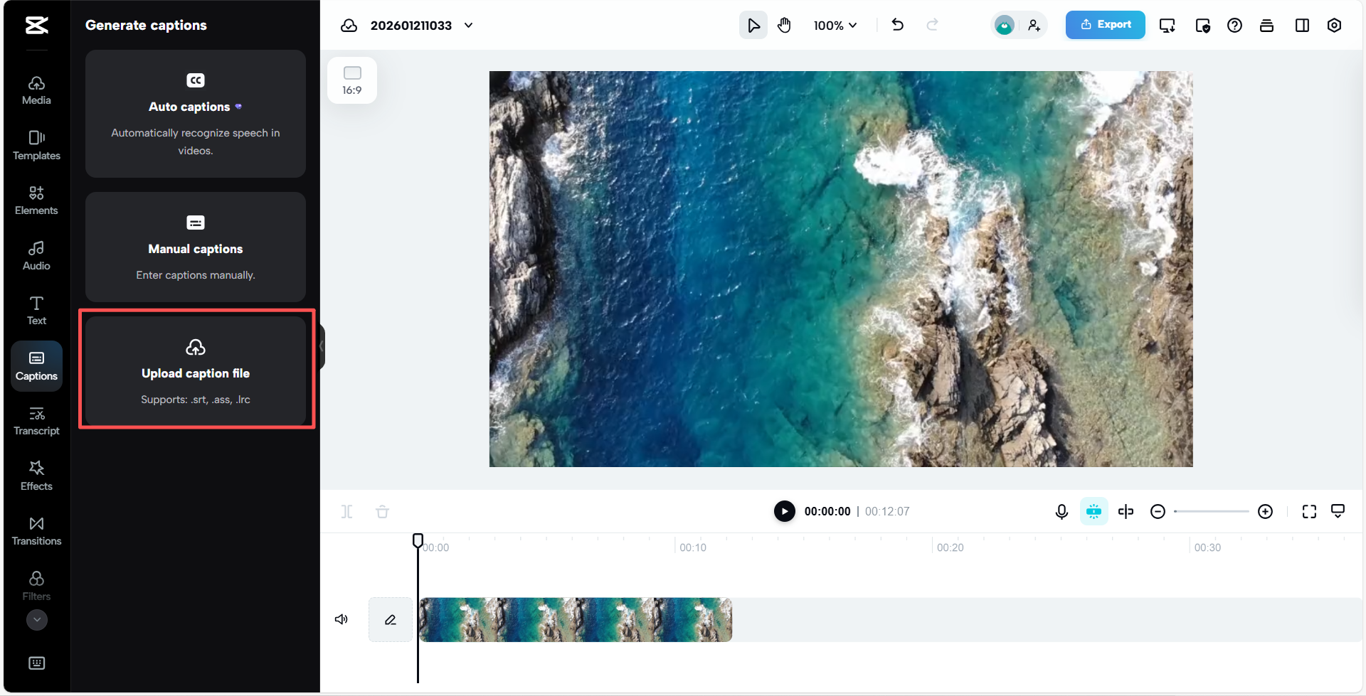 Tap "Upload caption file" at the left toolbar on CapCut Web