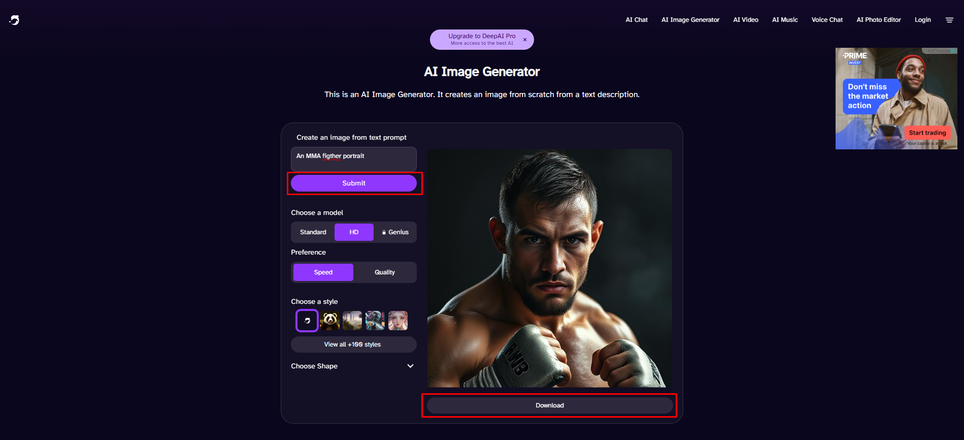 Generating an image with DeepAI text to image tool