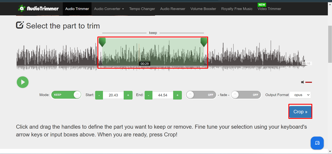 Audio Trimmer interface showing an MP3 waveform and handles for setting the cut range.