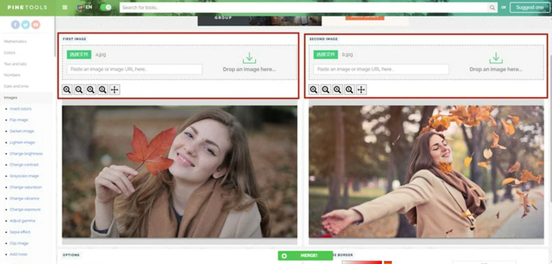 Interface of PineTools - an efficient photo editor to combine photos