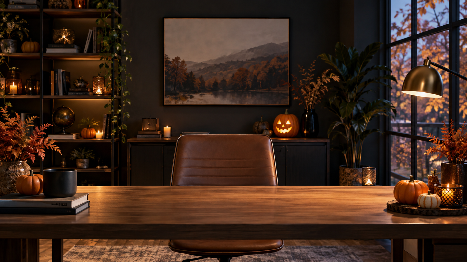 Spooky office backdrop: Empty tasteful Halloween-decorated office for video-call background, subtle pumpkins and autumn colors, clear center