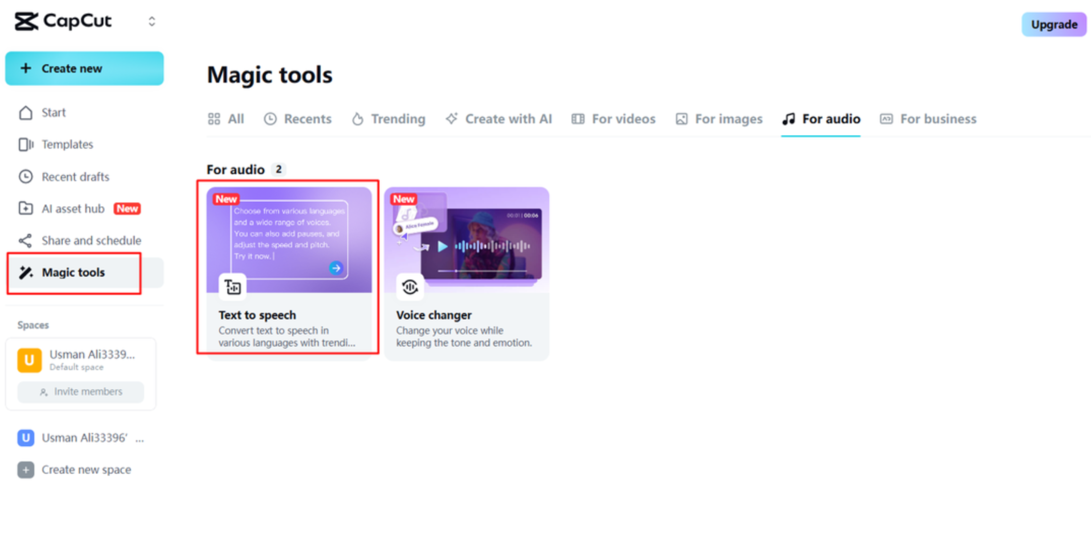 Opening the text to speech tool in CapCut Web