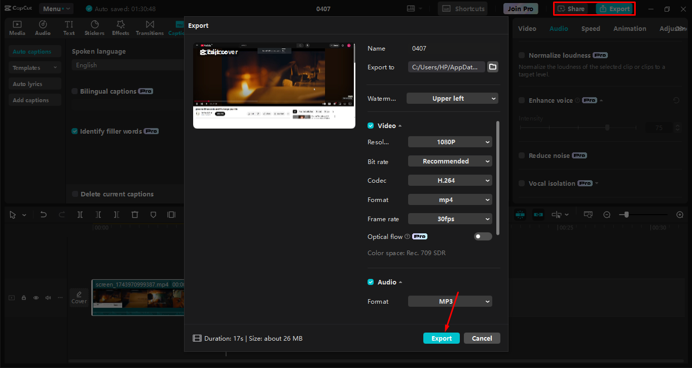Exporting the screen recording from the Capcut desktop video editor