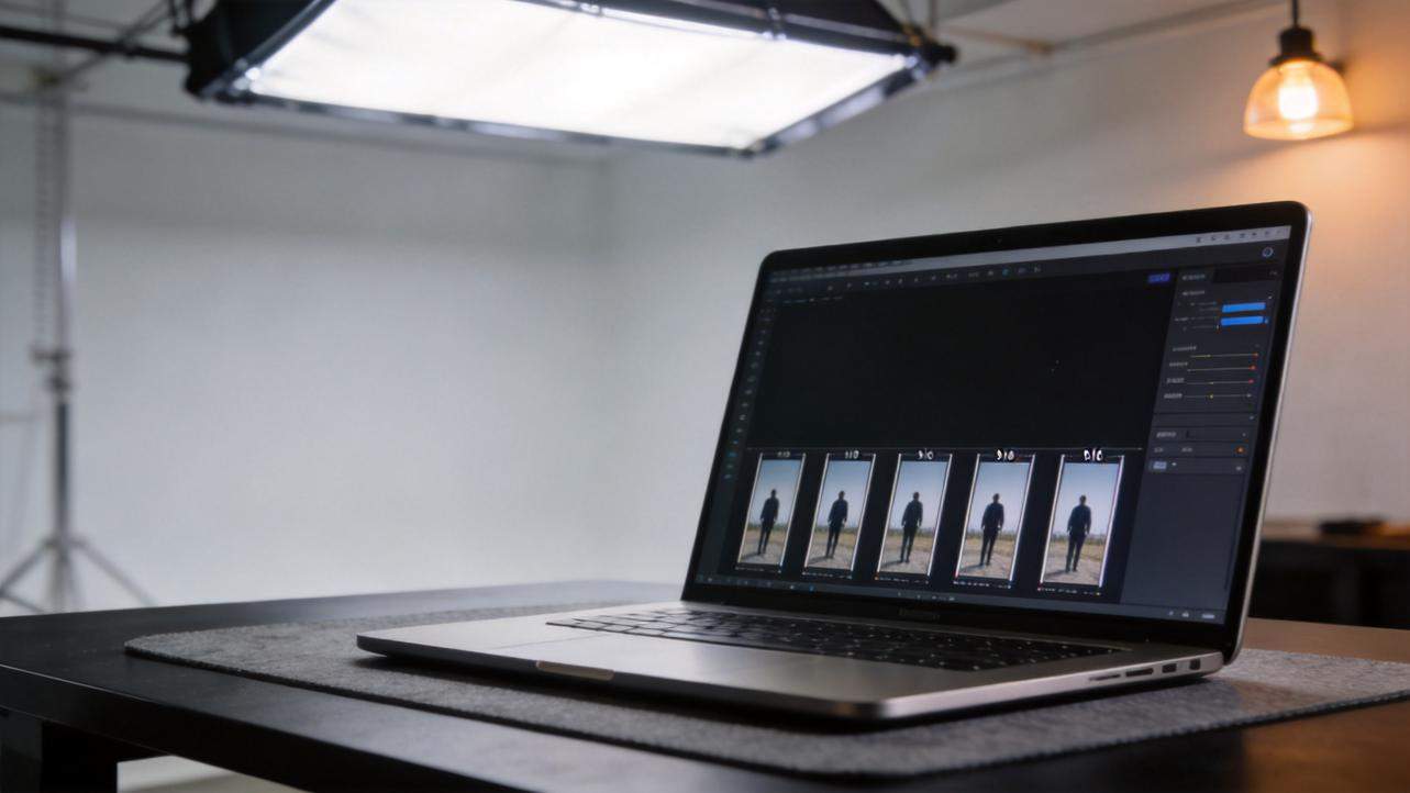 Laptop on a desk displaying a video editing timeline with multiple clips and adjustment controls