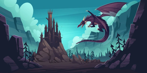 Magical fantasy background with dragons and castles