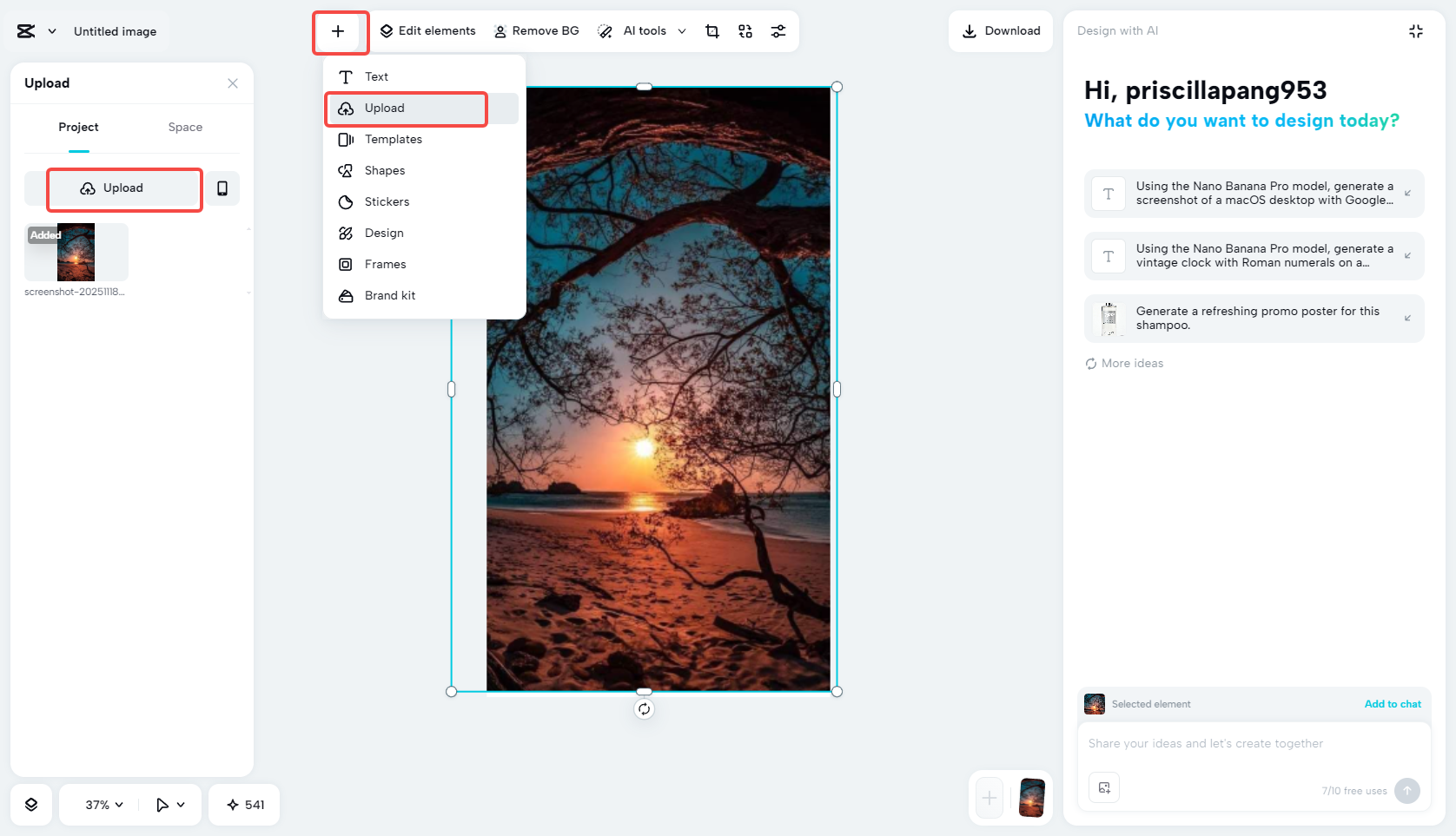Uploading the image in CapCut