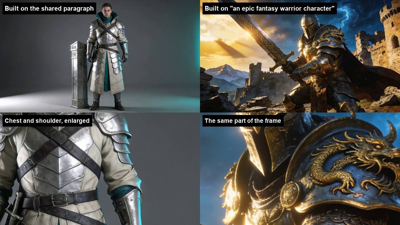On the left the platinum-armored warden on a gray background; on the right a gold-armored knight with a dragon relief raising a sword in front of a castle at sunset; below, enlarged crops of the chest and shoulder of each.