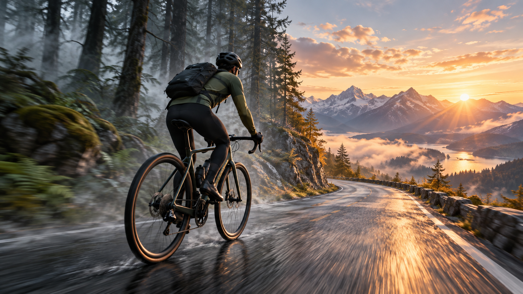 Cyclist moving from a misty forest into a mountain sunrise