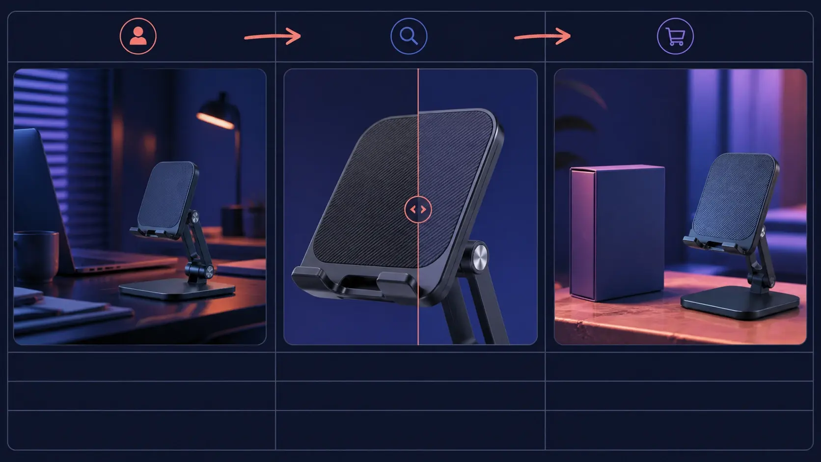 Three-panel product display of a phone stand in a dark blue and purple workspace