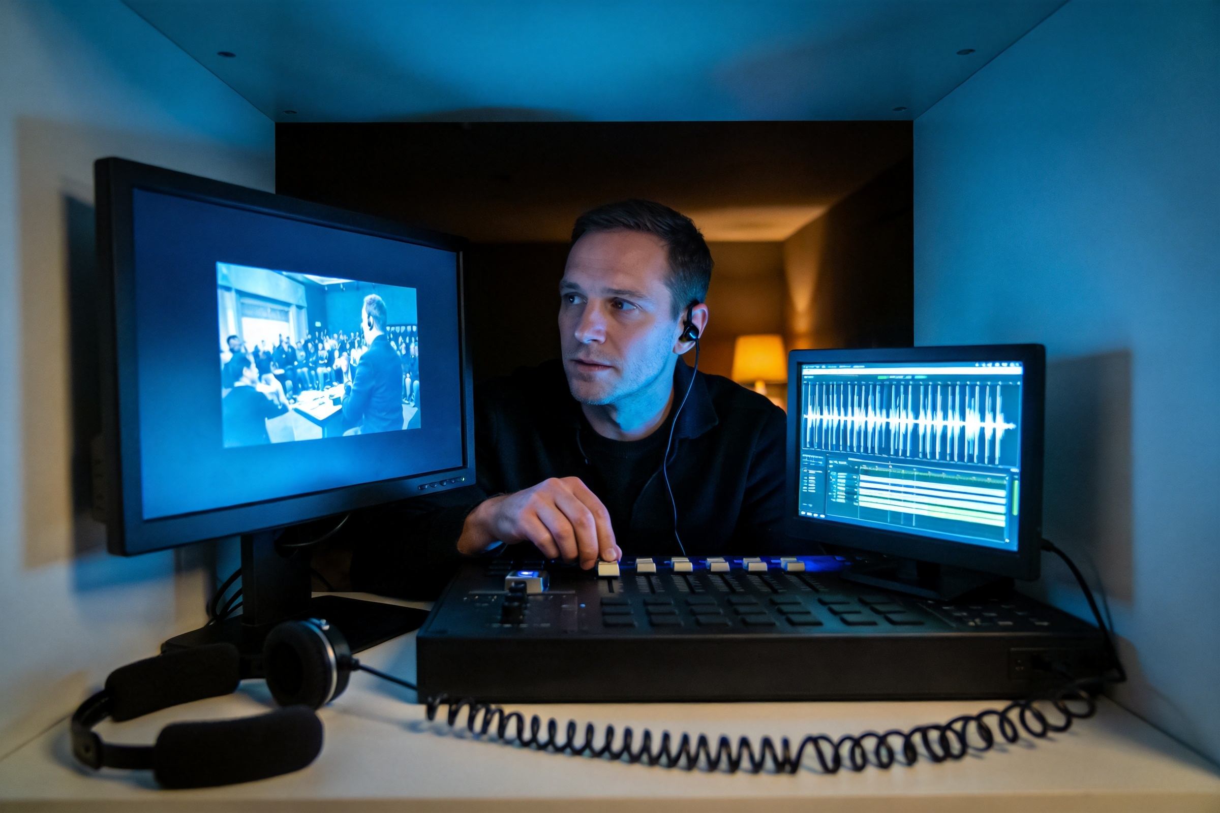 Man monitoring live audio and video on dual screens with a headset and mixing console