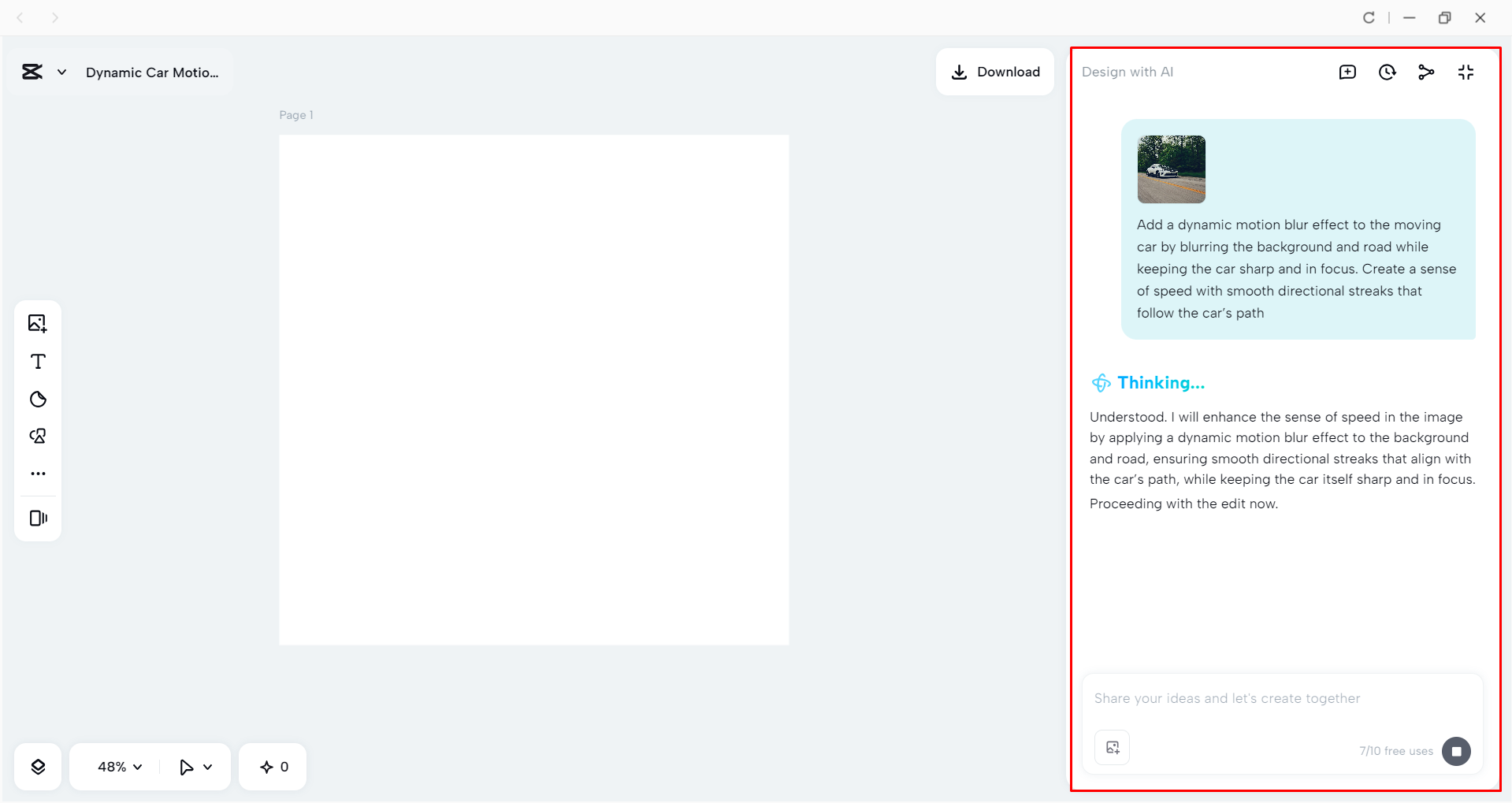 Generating an image with motion blur with CapCut's AI design tool