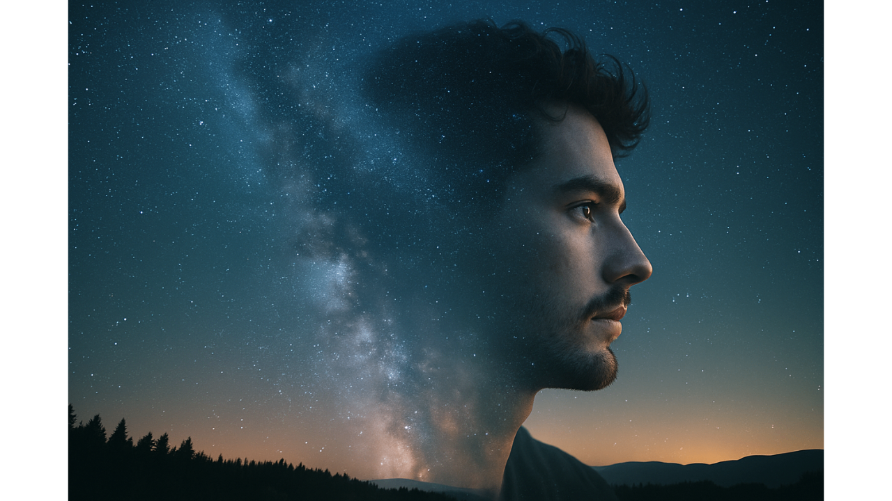 Surreal blended image combining portrait and scenery