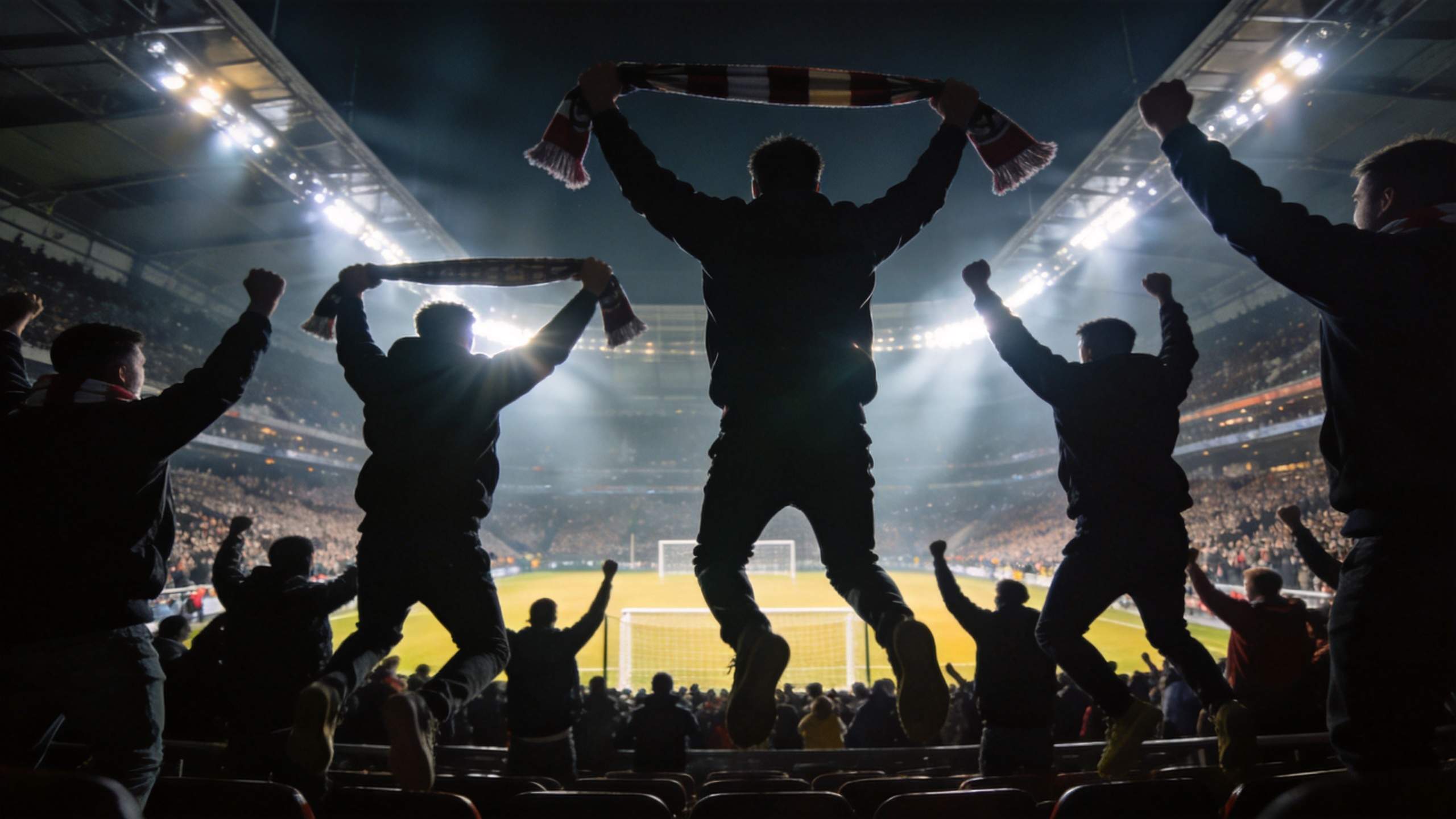 Fans celebrating in a stadium with arms raised and scarves held overhead