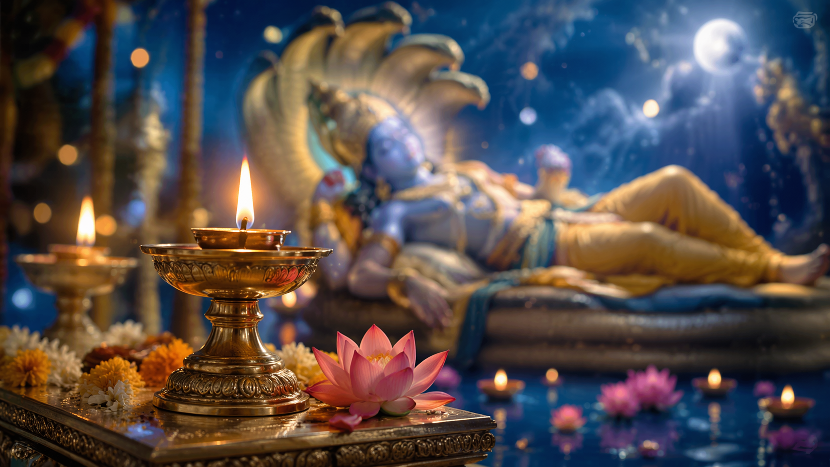 Dreamina Devshayani Ekadashi AI Prompts prompt example 6: Golden Prayer Light
