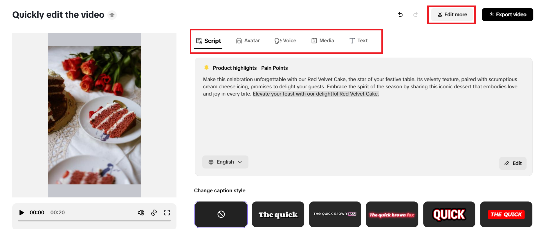 Quick editing options