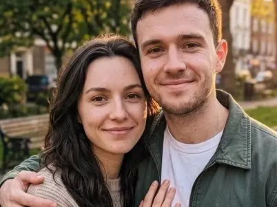 A smiling couple poses closely together in a park at sunset.