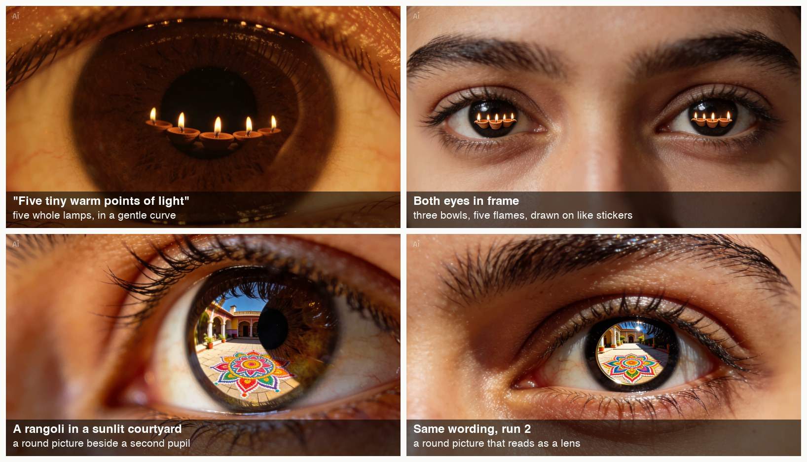 Four more eye close-ups: five lamps in a gentle curve across the pupil, two eyes each holding three flat lamp bowls, and two eyes with a round, brightly lit courtyard picture over the iris.