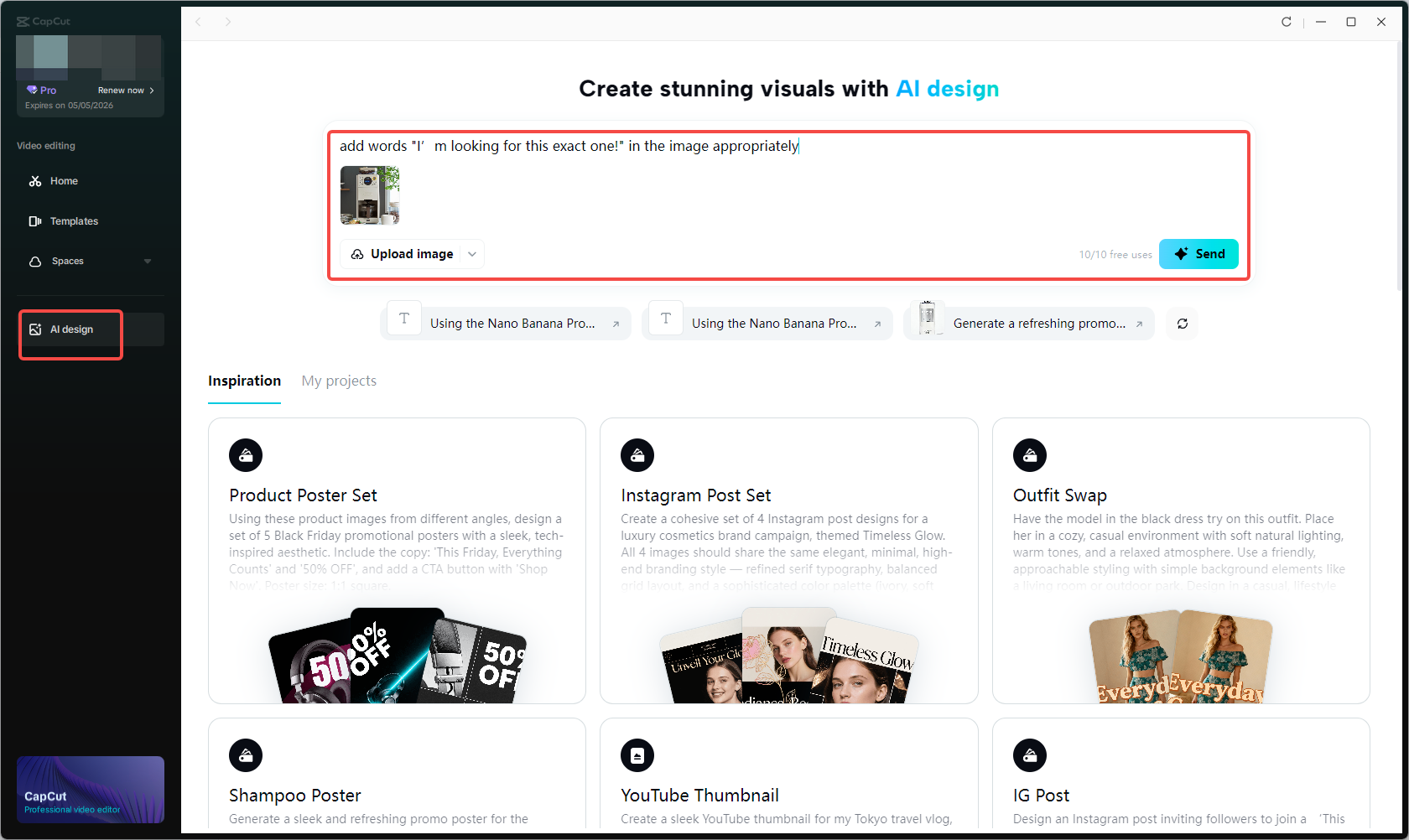 Accessing the AI design feature in CapCut and entering a prompt