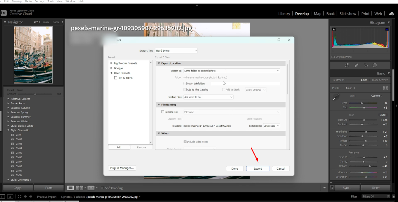 Exporting a batch from the Lightroom photo editing program